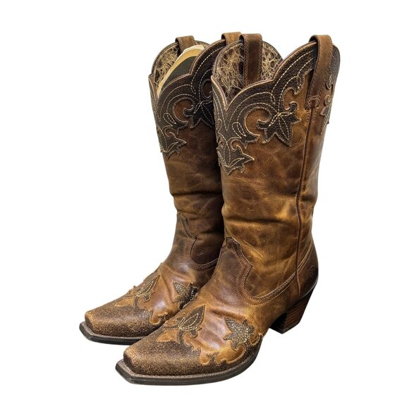 Ariat Western Brown Leather Boots Size 7.5 With Embroidered Floral Design - Picture 1 of 9